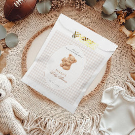 Brown Gingham Teddy Bear Neutral Baby Shower Paper フェイバーバッグ