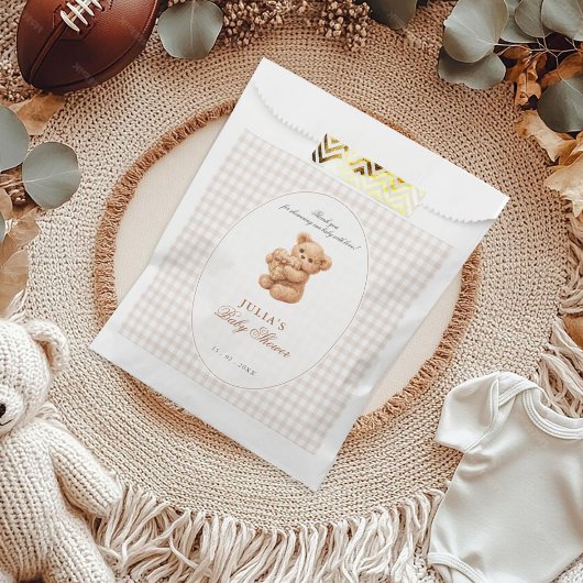 Brown Gingham Teddy Bear Neutral Baby Shower Paper フェイバーバッグ