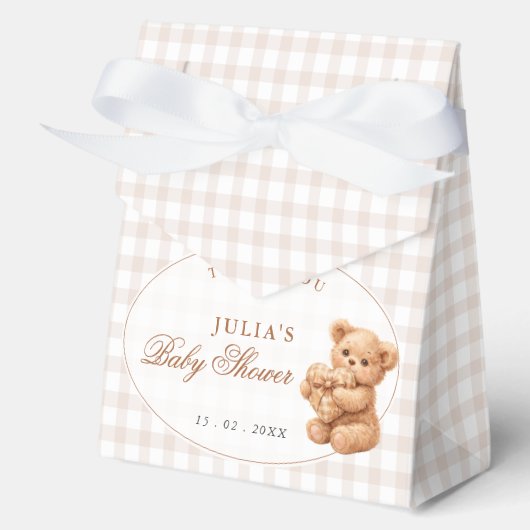 Brown Gingham Teddy Bear Neutral Baby Shower Paper フェイバーボックス (正面)
