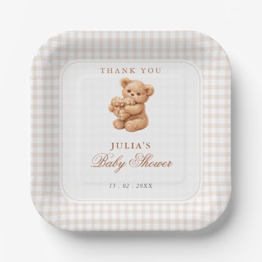 Brown Gingham Teddy Bear Neutral Baby Shower Paper ペーパープレート (正面)