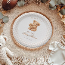 Brown Gingham Teddy Bear Neutral Baby Shower Paper