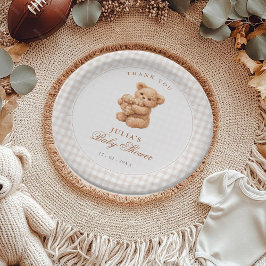 Brown Gingham Teddy Bear Neutral Baby Shower Paper ペーパープレート