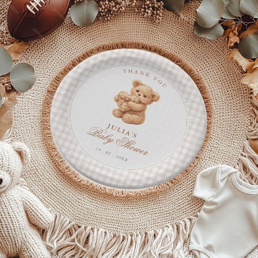 Brown Gingham Teddy Bear Neutral Baby Shower Paper ペーパープレート