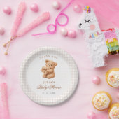 Brown Gingham Teddy Bear Neutral Baby Shower Paper ペーパープレート (パーティー)