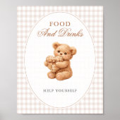 Brown Gingham Teddy Bear Neutral Baby Shower Paper ポスター (正面)