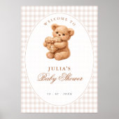 Brown Gingham Teddy Bear Neutral Baby Shower Paper ポスター (正面)