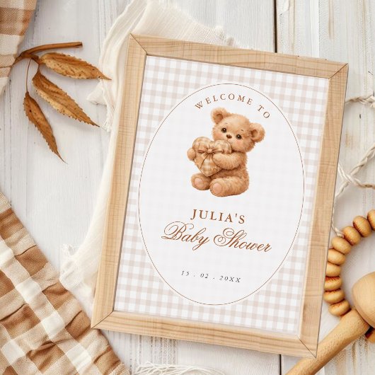 Brown Gingham Teddy Bear Neutral Baby Shower Paper ポスター