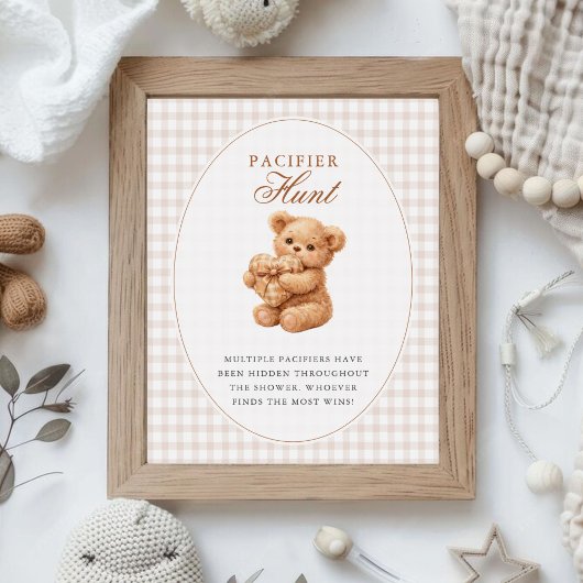 Brown Gingham Teddy Bear Neutral Baby Shower Paper ポスター