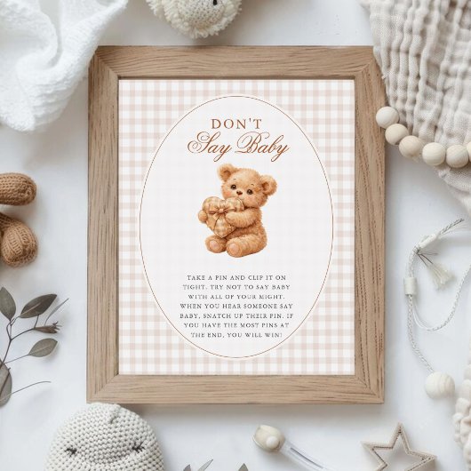 Brown Gingham Teddy Bear Neutral Baby Shower Paper ポスター