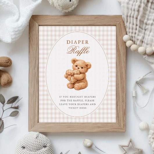 Brown Gingham Teddy Bear Neutral Baby Shower Paper ポスター