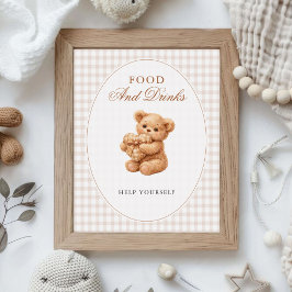Brown Gingham Teddy Bear Neutral Baby Shower Paper ポスター
