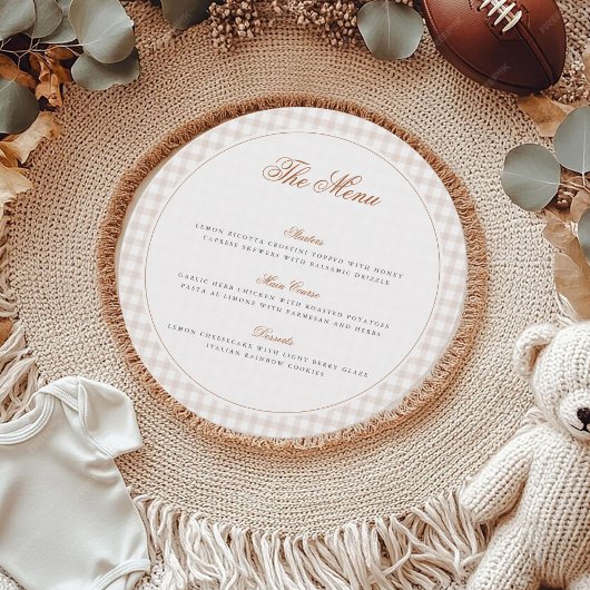 Brown Gingham Teddy Bear Neutral Baby Shower Paper メニュー