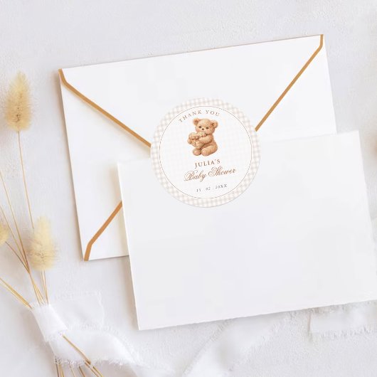 Brown Gingham Teddy Bear Neutral Baby Shower Paper ラウンドシール