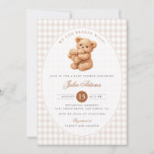 Brown Gingham Teddy Bear Neutral Baby Shower Paper 招待状 (正面)