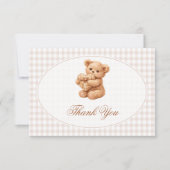 Brown Gingham Teddy Bear Neutral Baby Shower Paper 招待状 (正面)