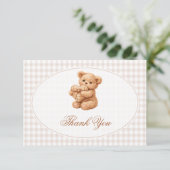 Brown Gingham Teddy Bear Neutral Baby Shower Paper 招待状 (スタンド正面)