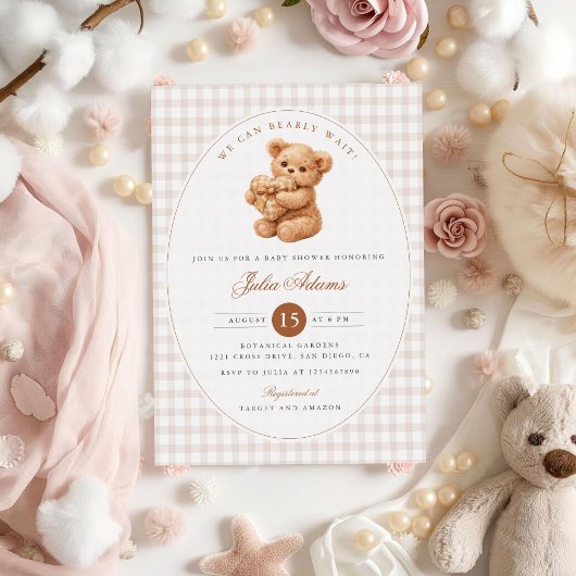 Brown Gingham Teddy Bear Neutral Baby Shower Paper 招待状