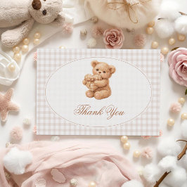 Brown Gingham Teddy Bear Neutral Baby Shower Paper 招待状