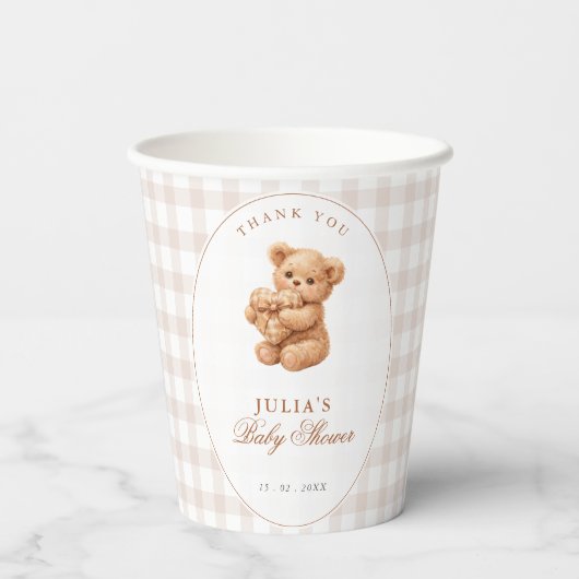 Brown Gingham Teddy Bear Neutral Baby Shower Paper 紙コップ (裏面)