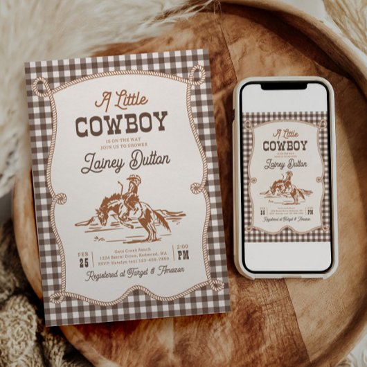 Brown Gingham Western Baby Shower Invitation 招待状
