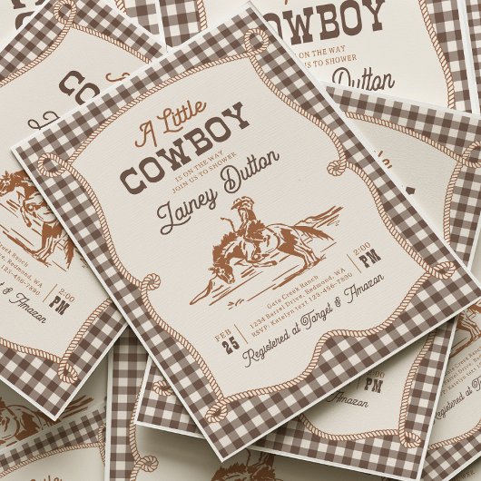 Brown Gingham Western Baby Shower Invitation 招待状