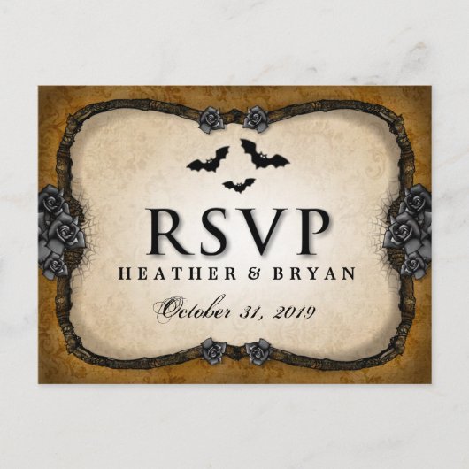 Brown GothicこうもりとバラRSVP一致PostCard インビテーションポストカード (正面)