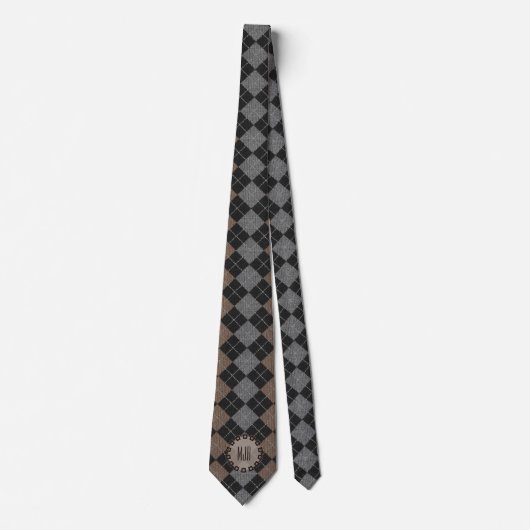 Brown Gray and Black Argyle Pattern Monogrammed ネクタイ (正面)