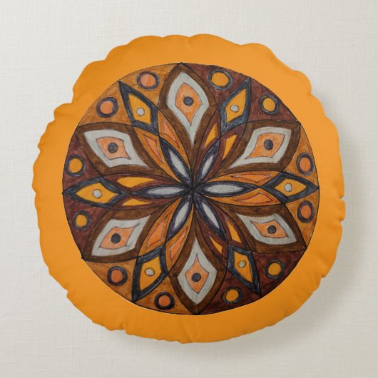Brown/Gray Starburst Mandala Round Throw Pillow ラウンドクッション (正面)