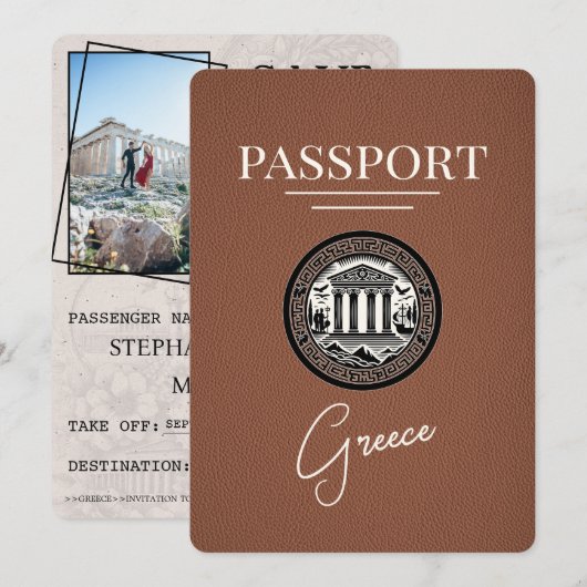 Brown Greece Passport日付カードの保存 セーブザデート (正面/裏面)