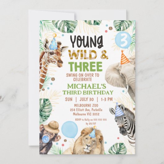 Brown Green Blue Young Wild Three 3rd Birthday 招待状 (正面)