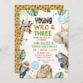 Brown Green Blue Young Wild Three 3rd Birthday 招待状 (正面/裏面)