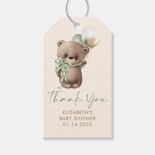 Brown Green Teddy Bear Baby Shower Thank You ギフトタグ (正面)