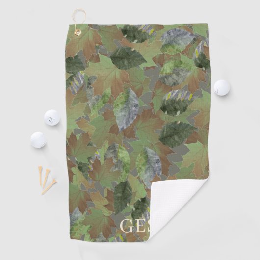 Brown Grey Leaves Custom Monogram or Name Camo ゴルフタオル (インサイチュ)
