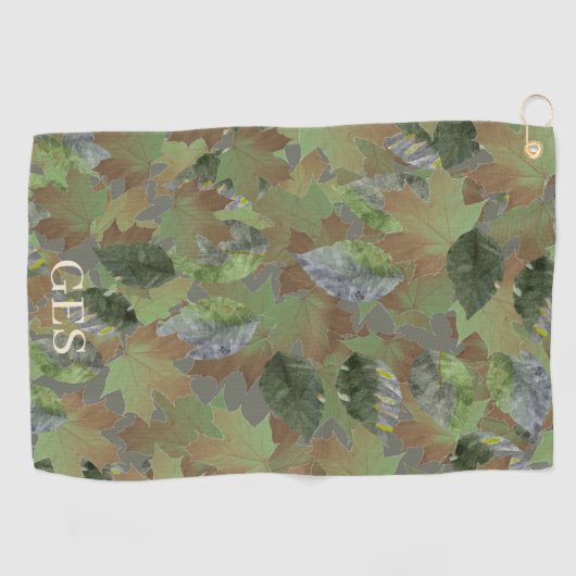 Brown Grey Leaves Custom Monogram or Name Camo ゴルフタオル (横)