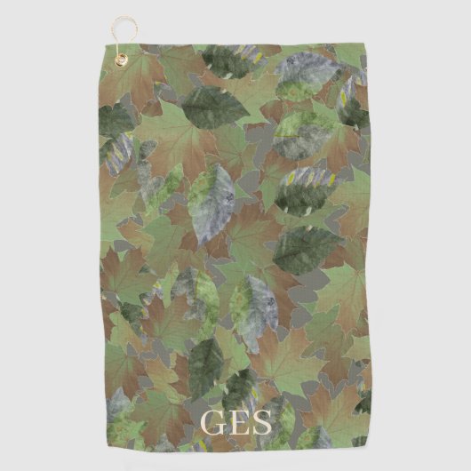 Brown Grey Leaves Custom Monogram or Name Camo ゴルフタオル (正面)