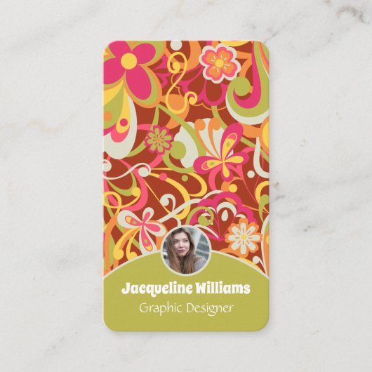 Brown Groovy 60s 70s Floral Swirls Vers II 名刺 (正面)