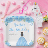 Brown Hair Princess Blue Floral Birthday Party ペーパープレート (パーティー)