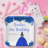 Brown Hair Princess Blue Floral Birthday Party ペーパープレート (パーティー)