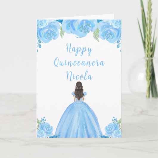 Brown Hair Princess Blue Floral Quinceanera カード (正面)