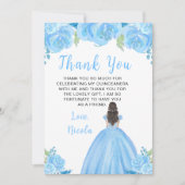 Brown Hair Princess Blue Floral Quinceanera サンキューカード (正面)