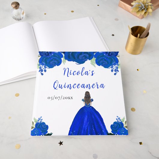 Brown Hair Princess Blue Quinceanera Guest Book ゲストブック (正面見開き)