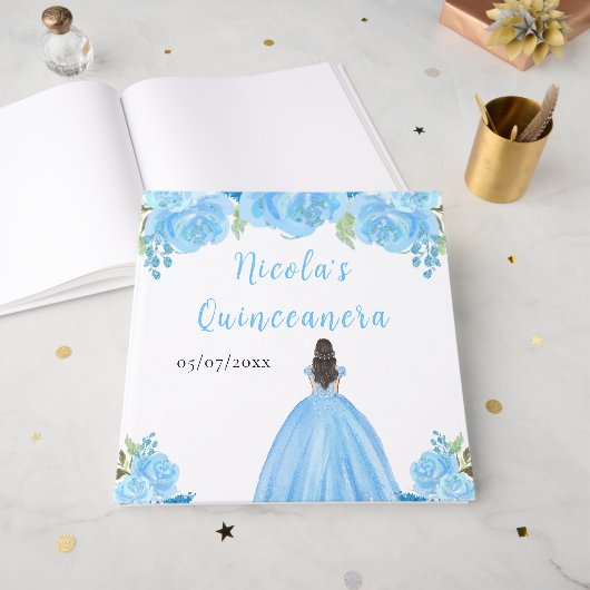 Brown Hair Princess Blue Quinceanera Guest Book ゲストブック (正面見開き)