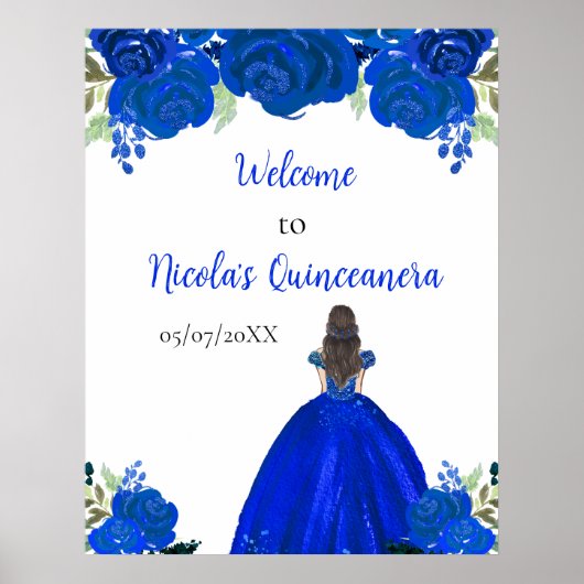 Brown Hair Princess Blue Quinceanera Welcome ポスター (正面)