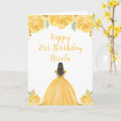 Brown Hair Princess Gold Floral Birthday Party カード (黄色い花)