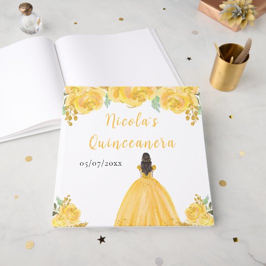 Brown Hair Princess Gold Quinceanera Guest Book ゲストブック (正面見開き)