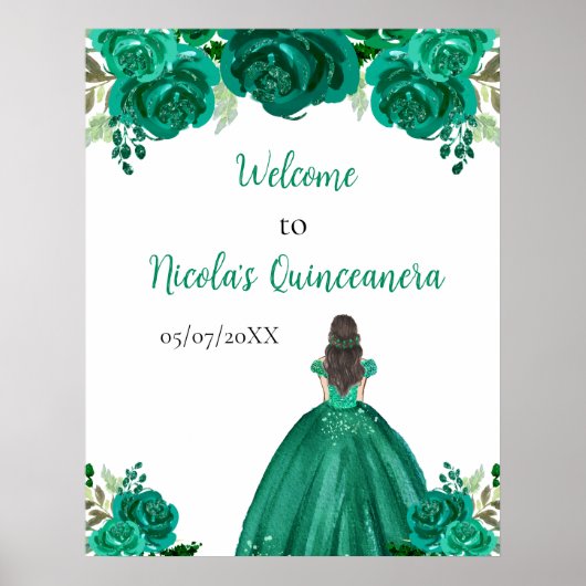 Brown Hair Princess Green Quinceanera Welcome ポスター (正面)