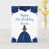 Brown Hair Princess Navy Floral Birthday Party カード (黄色い花)