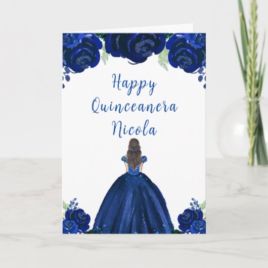Brown Hair Princess Navy Floral Quinceanera カード (正面)