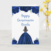 Brown Hair Princess Navy Floral Quinceanera カード (黄色い花)