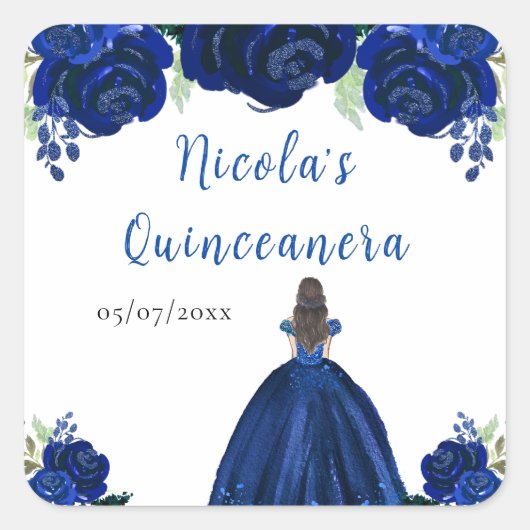 Brown Hair Princess Navy Floral Quinceanera スクエアシール (正面)